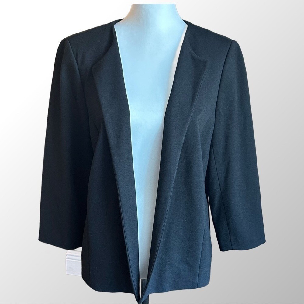 Talbots Blazer Woman 14WP Black Open Front Peplum Back Ponte Knit Jacket